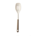 Dual-color silicone slotted spoon in beige and brown with ergonomic hanging hole - Small Skimmer