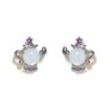 Silver S925 teapot stud earrings with milky white gemstone and colorful zircon accents - Teapot - Silver