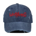 Detail of red Gothic embroidery and distressed ripped holes on blue denim baseball cap - One Size / Navy Blue