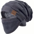 Set berretto e maschera in maglia grigia a quadri con calda fodera in pile e pelle - grigio scuro