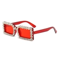 Red square oversized sunglasses with rhinestone-encrusted frame shown from a 45-degree angle - Red