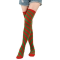 Festive red and green striped over-knee high socks with elastic knitted texture - One Size / Green + Red/Diagonal Stripe