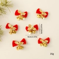Set of 6 red velvet Christmas bows with golden bells and leaves for festive decor - Solid Red with Gold Leaves