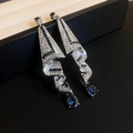 Silver dangling ribbon earrings with blue teardrop stones and zircon accents - Blue (Silver Earring Post)