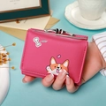 Rose red PU leather tri-fold wallet featuring a cute Corgi print and snap closure - Rose Red