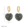 Detailed view of heart-shaped natural stone earrings with gold hoops and dimensions - A2-09-Earrings (Red-Green Spotted)