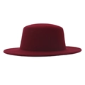 Detail of classic wide brim flat top wool felt fedora hat in elegant burgundy red color - M (56-58cm) / Burgundy