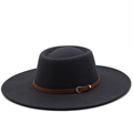 Detail of dark grey wool felt hat featuring a brown leather strap and metal buckle - M (56-58cm) / Dark Gray