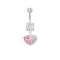 Silver belly ring with pink heart pendant, clear zircons, and sparkling wing design - Silver Pink Heart Wing Belly Ring (BR24082301S)