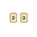 Close-up of 18K gold-plated earrings featuring emerald green zircons and diamond halo - Oval Green Zirconia Earrings