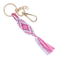 Porte-clés tissé bohème à motif oeil avec pompons rose bleu et anneau doré - Rose Fuchsia/Bleu Clair/Blanc