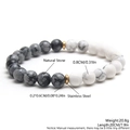 Black and white natural stone beaded elastic bracelet with stainless steel gold spacers - Grey + White 8MM