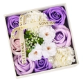 Square gift box with purple roses, pink carnations, and Love Is Eternal ribbon - 15cm*15cm*8cm / Cherry Blossom Purple