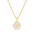 Golden necklace featuring a hexagonal pink shell pendant with the letter P engraving - Pink Shell P