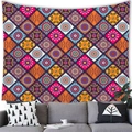 Detailed view of bohemian mandala tapestry styled above a sofa for home wall decor - 100x70cm (Short Plush) / Magenta Orange Blue Grid Patchwork (14)