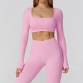 Roze naadloze yogaset met vierkante hals top met lange mouwen en geribbelde legging - S / Bellen Roze