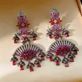 Vintage fan-shaped earrings with red zircon stones and floral tassels on silk background - Gun Black Red Pink Zircon (Silver Pin)