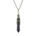 Close-up of blue sandstone hexagonal pendant with vintage filigree metal cap - Antique Bronze + Blue Sandstone