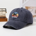 Denim baseball cap featuring a cat and retro sunset graphic with 'EW, PEOPLE' slogan - Adjustable / Navy Blue
