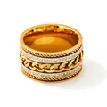 Golden double-row diamond wide ring with Cuban chain link and twisted rope edges - US 9 / Gold (KBJ279)