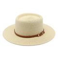 Cappello di paglia crema classico con tesa larga ed elegante fascia in pelle marrone - M (56-58cm) / Beige