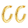 Polished 18K gold-plated stainless steel hoop earrings with twisted texture on white background - Double-layer Texture Hollow C-Shaped Gold (MS-527A)