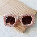 Pink rectangular puffy sunglasses for kids with colorful rhinestones and UV400 protection - Rice Pink
