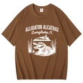 Dark brown cotton T-shirt featuring white alligator and lighthouse graphic print - Coffee