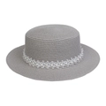 Flat top grey straw boater hat featuring elegant white lace and pearl ribbon trim - Pearl Lace Decor Band Style (302L)