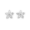 Detailed view of silver five-petal flower stud earrings featuring prong-set cubic zirconia - Silver