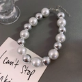 Chunky double-layered pearl necklace with silver metallic beads and adjustable chain - Mirror Large Pearl Necklace