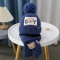 Navy blue baby knitted hat and scarf set with cute bear patch and plush pompom - BY Cartoon Bear Set - Dark Blue