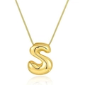 3D balloon puffy letter S pendant necklace in 18k gold plated copper with snake chain - S