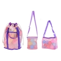 Pink jelly mesh shell bags for beach toys in three styles with purple straps and colorful balls - Pink Mesh Bag 3-Piece Set (Shoulder+Bucket+Handbag)