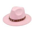 Detail of pink wool fedora hat featuring a brown leather band with silver studs and V-buckle - M (56-58cm) / Pink
