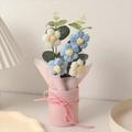 Hand-knitted white and blue crochet flower bouquet in a pink ceramic pot with ribbon - With Light + Bag / White + Blue
