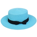 Flat top bright blue straw sun hat with black ribbon bow for beach vacation - Ribbon Bow Decor Band Style (303C)