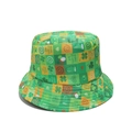 Detail of St. Patrick's Day bucket hat with shamrock patterns and holiday lettering - Green Yellow Plaid Festival Slogan Print (C)