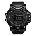 Close-up of a black digital sport watch featuring multifunctional buttons and clear LCD display - 55-66F Black