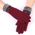 Women's burgundy winter thermal gloves with grey faux fur trim and bow detail - Leather Bow Style / Red