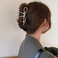Elegant butterfly hair claw clip in bright silver finish with a white pearl accent - Ribbon Bowknot Pearl Style / Large / Silver
