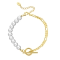 Bracelet en argent S925 avec perles blanches et chaîne Figaro dorée avec fermoir OT - Bracelet en Perles Doré à Fermoir OT Design Épissé (GPB06)