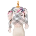 Pink and grey oversized plaid shawl scarf with fringes for women, autumn winter accessory - Pink and Grey Plaid