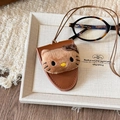 Close-up of cute Hello Kitty plush cat head on brown faux leather card holder case - Cat (44# Necklace)