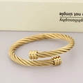 Adjustable golden twisted cable wire bangle featuring polished cylindrical end caps - Type B Gold (KB184188-XY)