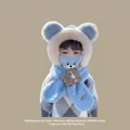Sky blue kids plush hooded scarf with bear ears and cute bear doll for winter warmth - 2 Years-6 Years / Little Bear 3-Piece Set Blue