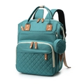 Teal canvas diaper backpack with quilted design, brown leather accents and small round pouch - Green