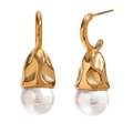 Water drop pearl earrings with fluid 18k gold plated hammered metal texture - Pleated Hammered Water Drop Pearl Earrings (E7702) / Gold