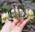 Detail of vintage crown with raw crystals, bronze butterfly and raven skull elements - Butterfly Raven Skull Style / Citrine/Antique Bronze Wire