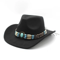 Classic black wide brim wool felt cowboy hat with turquoise ethnic beaded band - M (56-58cm) / Black